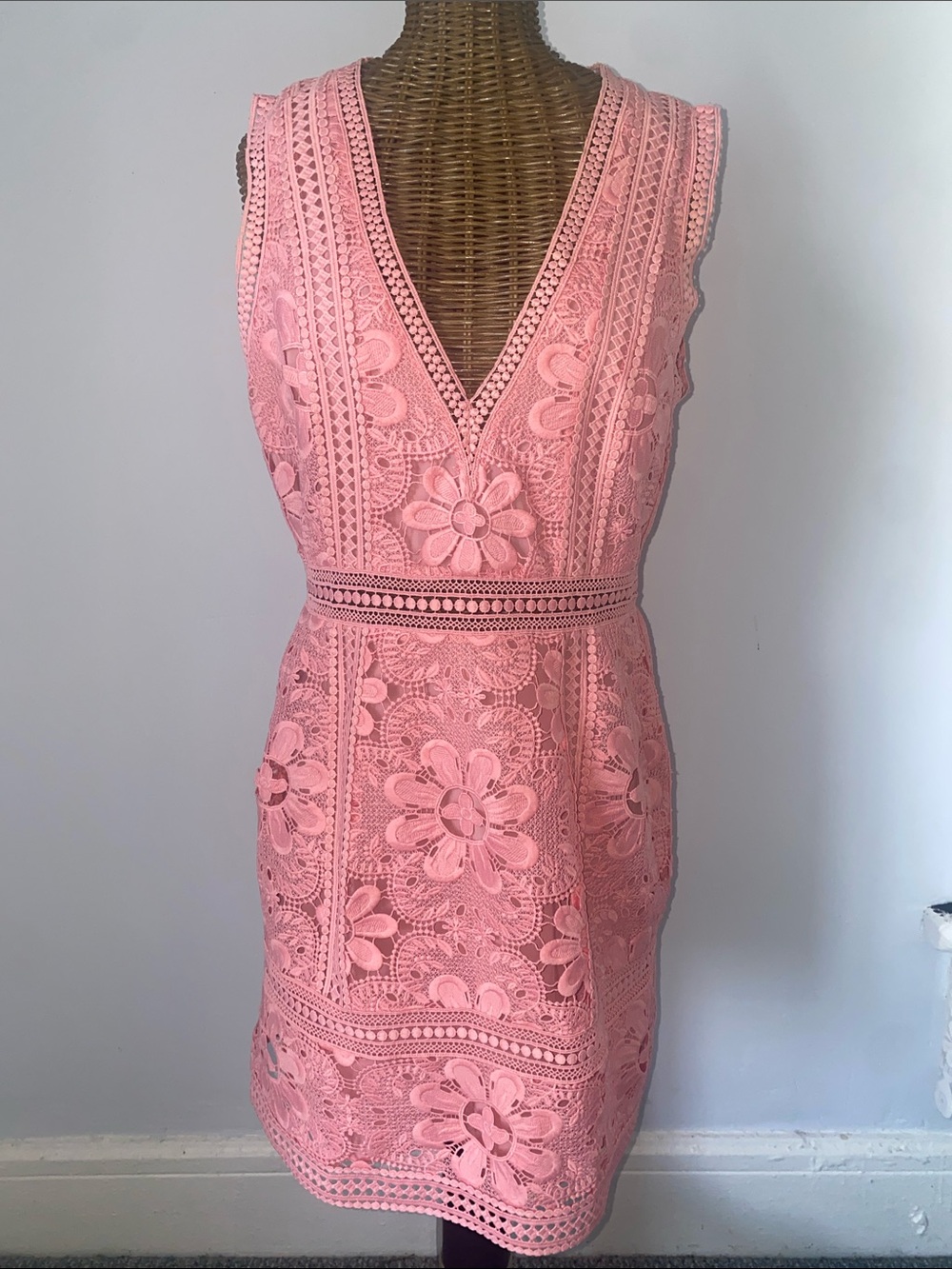 Alice + Olivia Coral Pink Floral Lace V-Neck Sleeveless Mini Dress